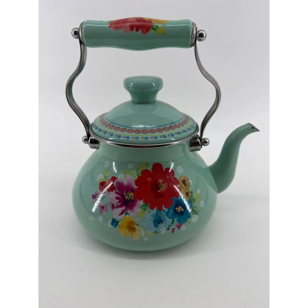 The Pioneer Woman Breezy Blossom Enamel on Steel Tea Kettle Mint Green Floral